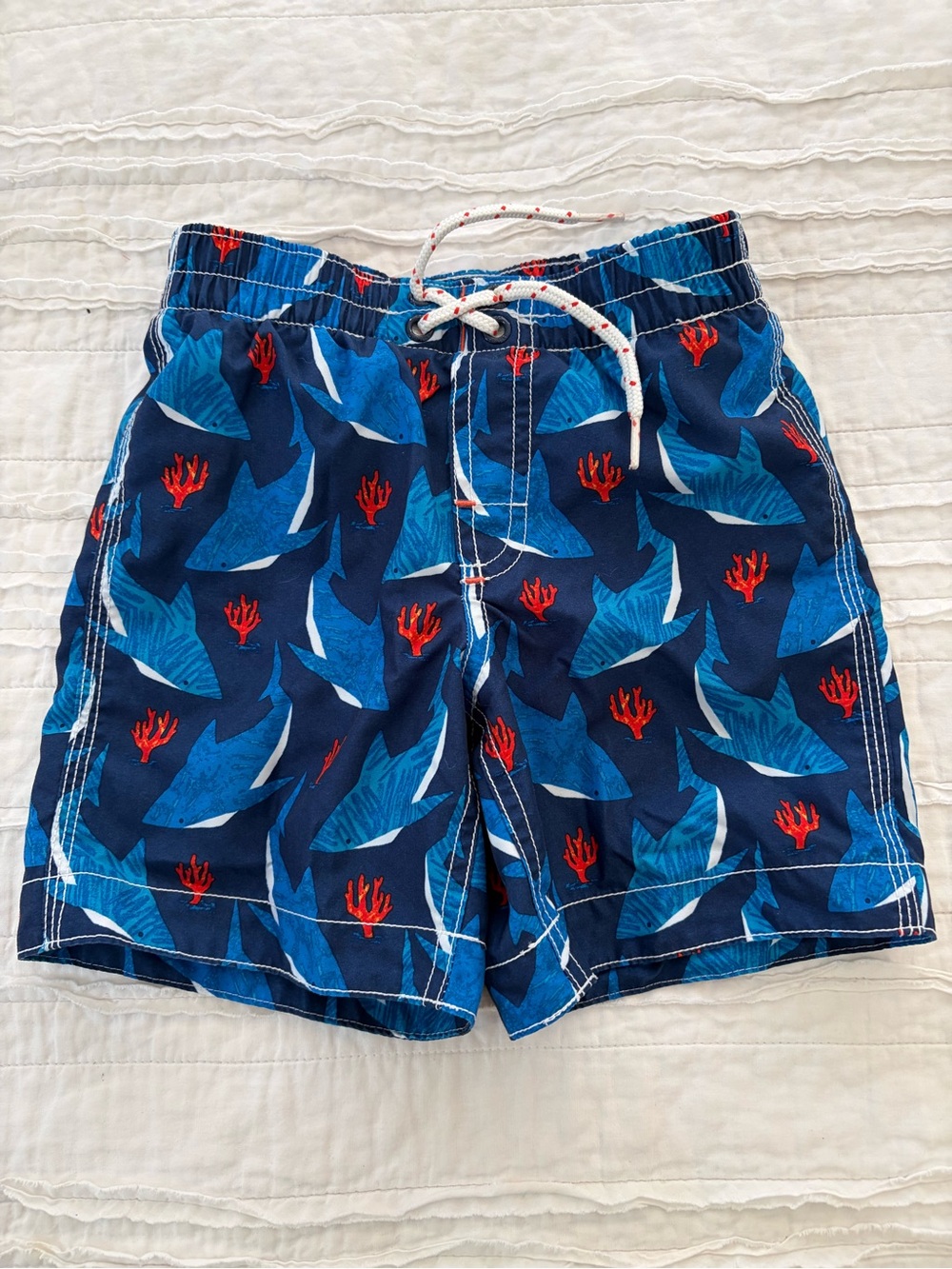 GAP Navy Blue Shark Print Swim Trunks with Red Coral Accents